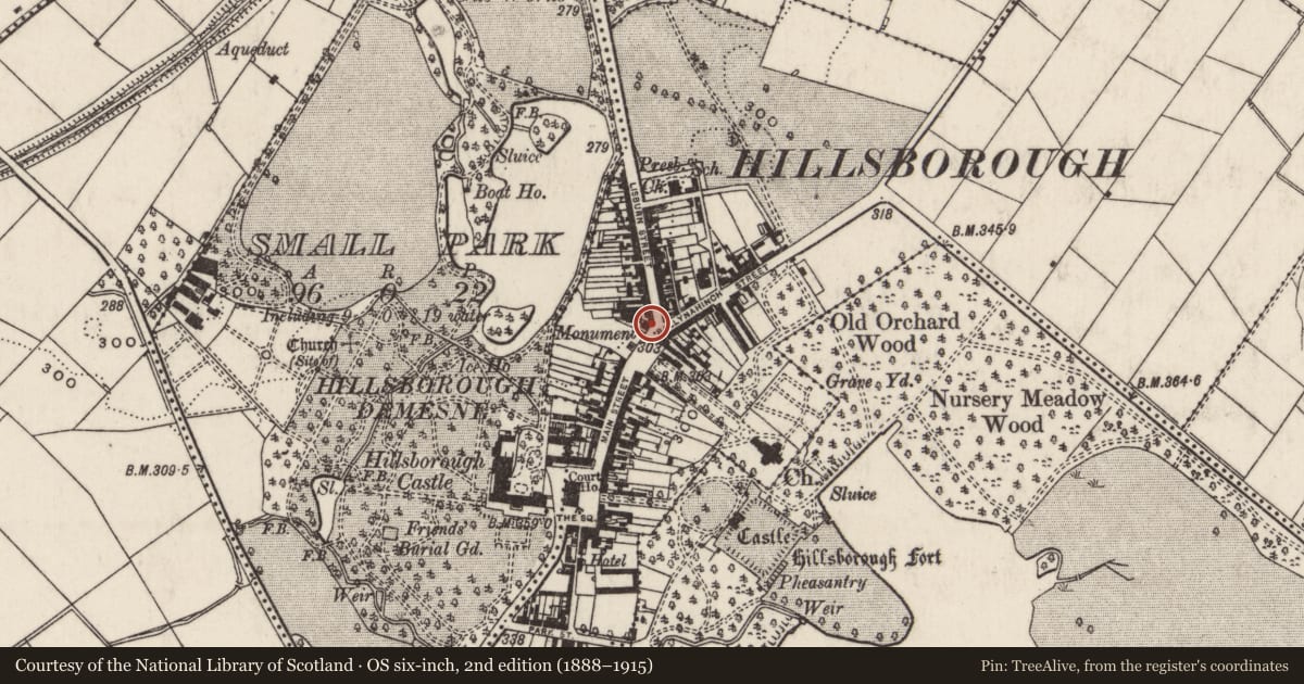Ordnance Survey six-inch map, 2nd edition (1888–1915) covering the location of 2 Lisburn Street, Lisburn and Castlereagh, with a pin at the register's coordinates