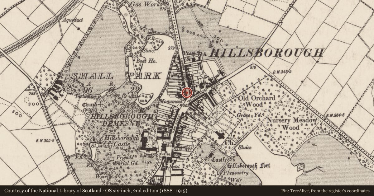 Ordnance Survey six-inch map, 2nd edition (1888–1915) covering the location of 8 Lisburn Street, Lisburn and Castlereagh, with a pin at the register's coordinates
