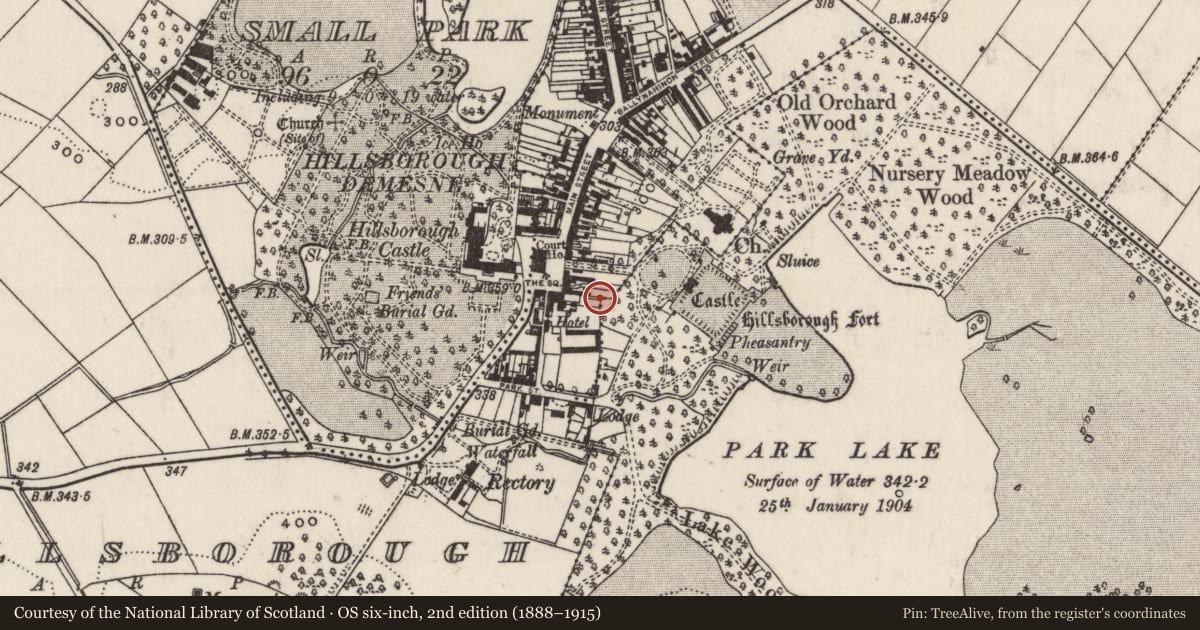 Ordnance Survey six-inch map, 2nd edition (1888–1915) covering the location of 18 Lisburn Street, Lisburn and Castlereagh, with a pin at the register's coordinates