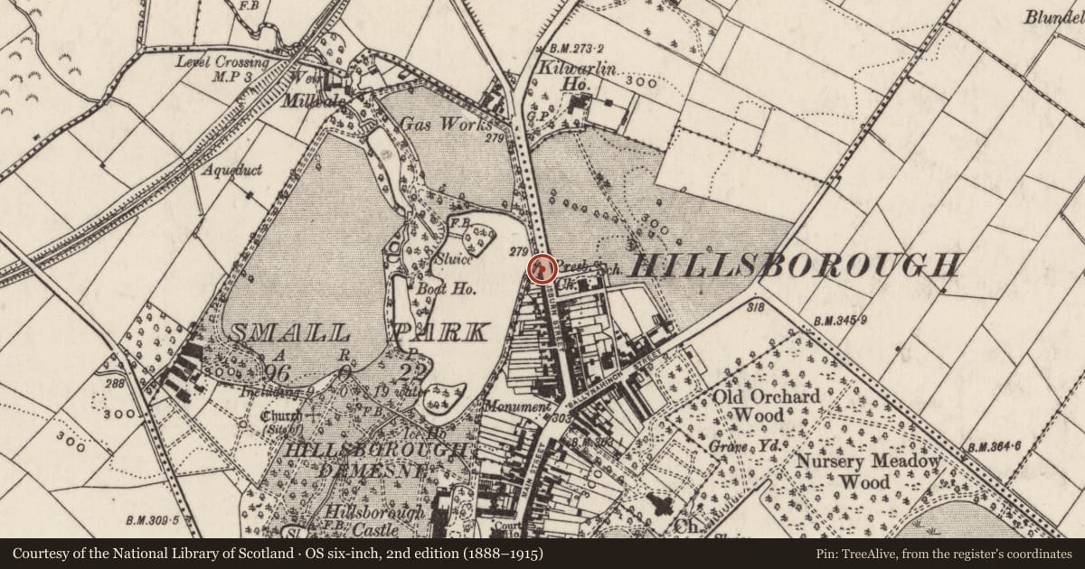 Ordnance Survey six-inch map, 2nd edition (1888–1915) covering the location of 60-62 Lisburn Street, Lisburn and Castlereagh, with a pin at the register's coordinates