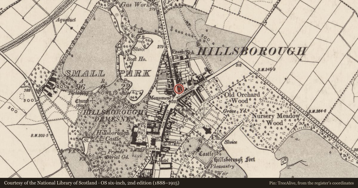 Ordnance Survey six-inch map, 2nd edition (1888–1915) covering the location of 9, 11, 13 Lisburn Street, Lisburn and Castlereagh, with a pin at the register's coordinates