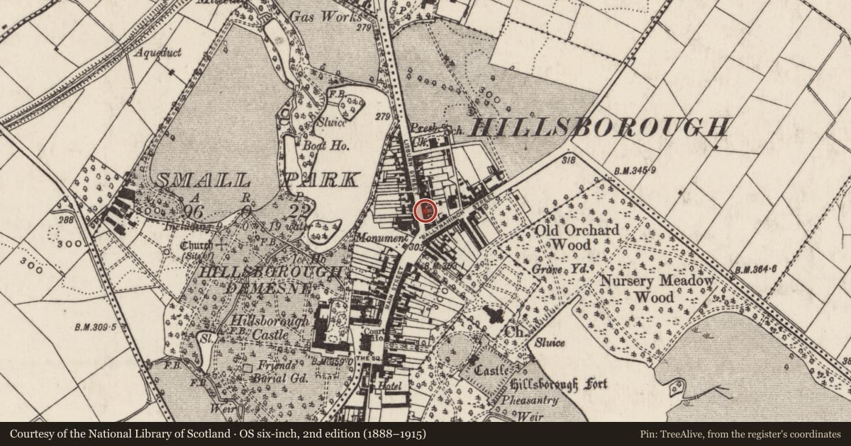 Ordnance Survey six-inch map, 2nd edition (1888–1915) covering the location of 15 Lisburn Street, Lisburn and Castlereagh, with a pin at the register's coordinates