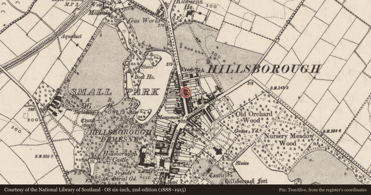 Ordnance Survey six-inch map, 2nd edition (1888–1915) covering the location of 37 Lisburn Street, Lisburn and Castlereagh, with a pin at the register's coordinates