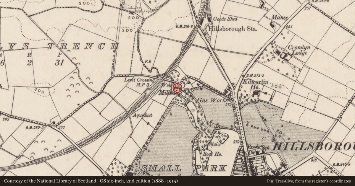 Ordnance Survey six-inch map, 2nd edition (1888–1915) covering the location of 23 Millvale Road, Lisburn and Castlereagh, with a pin at the register's coordinates
