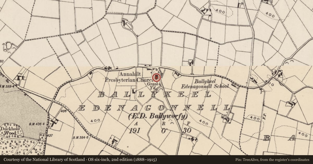 Ordnance Survey six-inch map, 2nd edition (1888–1915) covering the location of Annahilt Presbyterian Church, Ballykeel Edenagonnell, Hillsborough, Lisburn and Castlereagh, with a pin at the register's coordinates