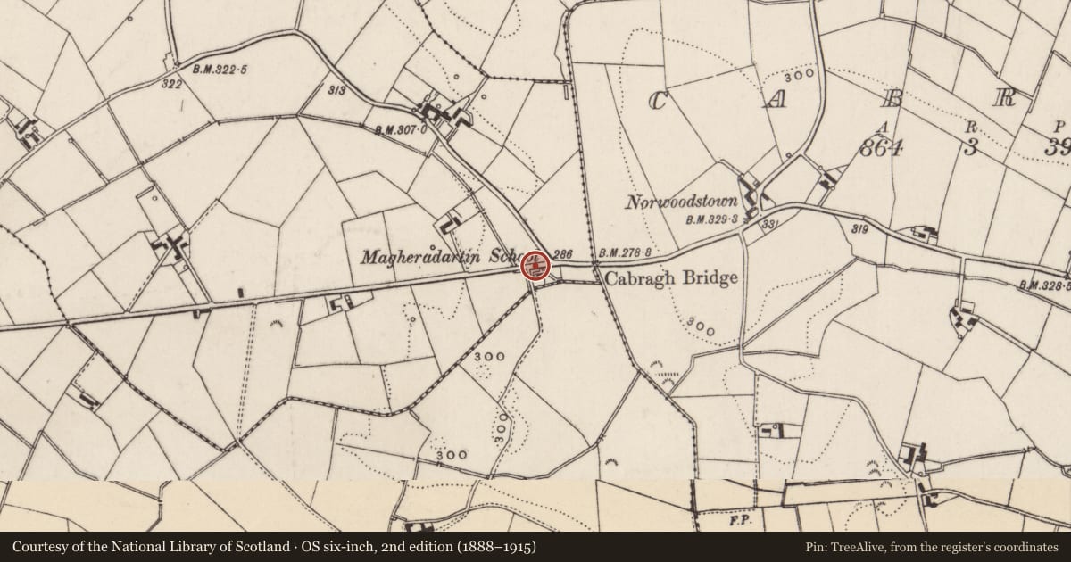 Ordnance Survey six-inch map, 2nd edition (1888–1915) covering the location of Magheradartin School, Lisburn and Castlereagh, with a pin at the register's coordinates