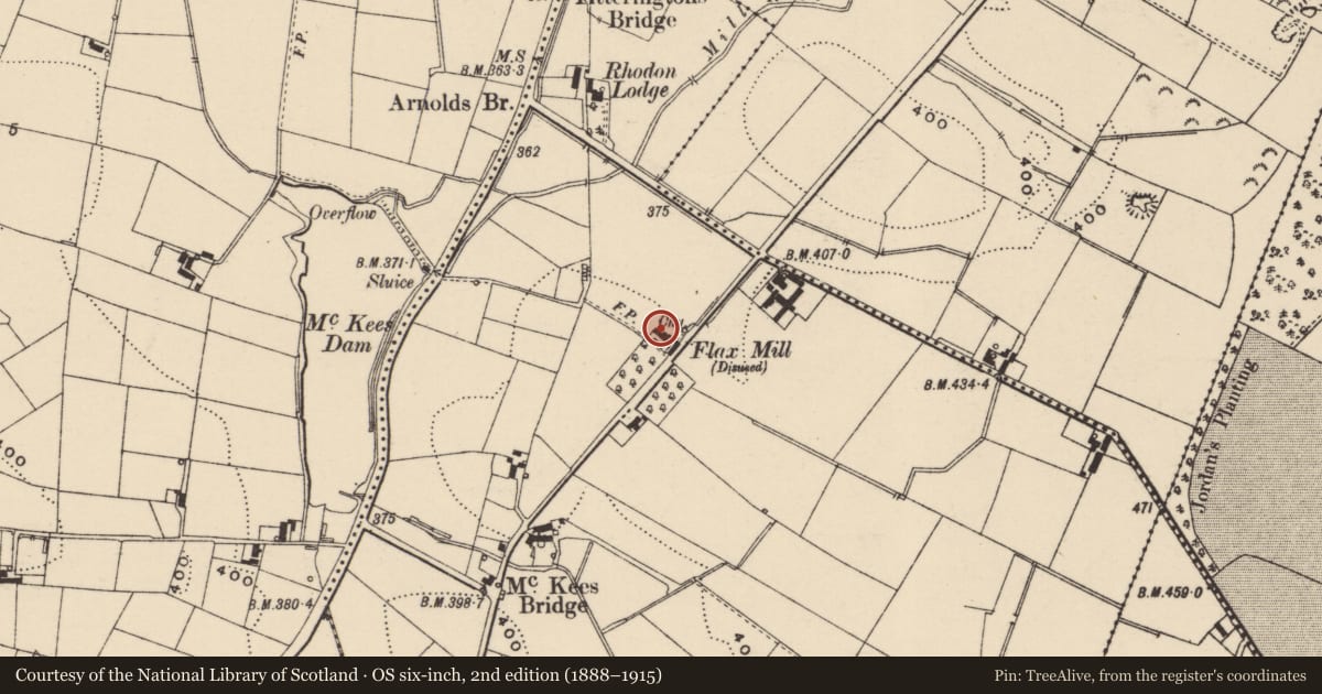 Ordnance Survey six-inch map, 2nd edition (1888–1915) covering the location of Old Mill Chimney, Lisburn and Castlereagh, with a pin at the register's coordinates