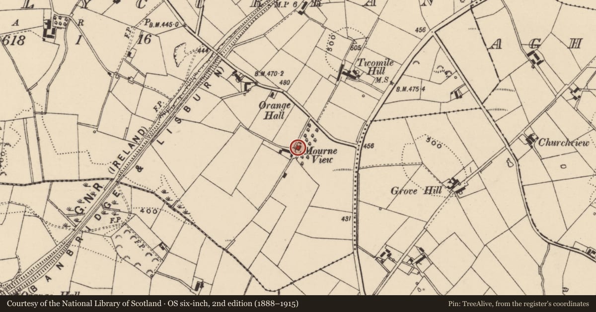Ordnance Survey six-inch map, 2nd edition (1888–1915) covering the location of 7 Listullycurran Road, Lisburn and Castlereagh, with a pin at the register's coordinates