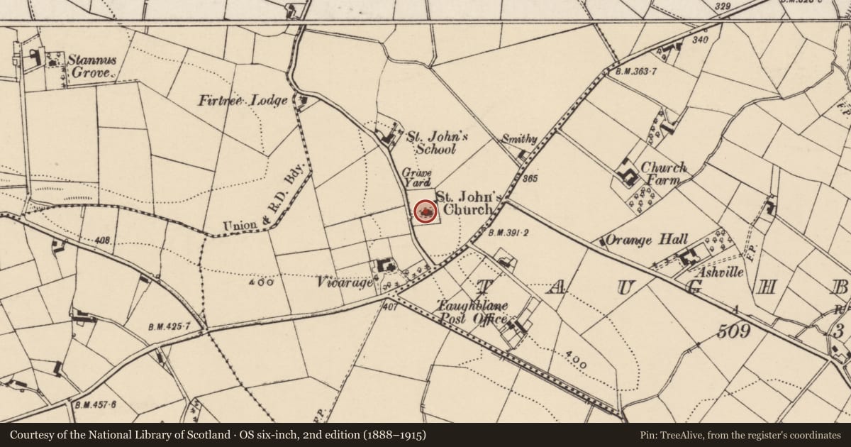 Ordnance Survey six-inch map, 2nd edition (1888–1915) covering the location of St. John’s Church of Ireland, Corcreeny, Lisburn and Castlereagh, with a pin at the register's coordinates