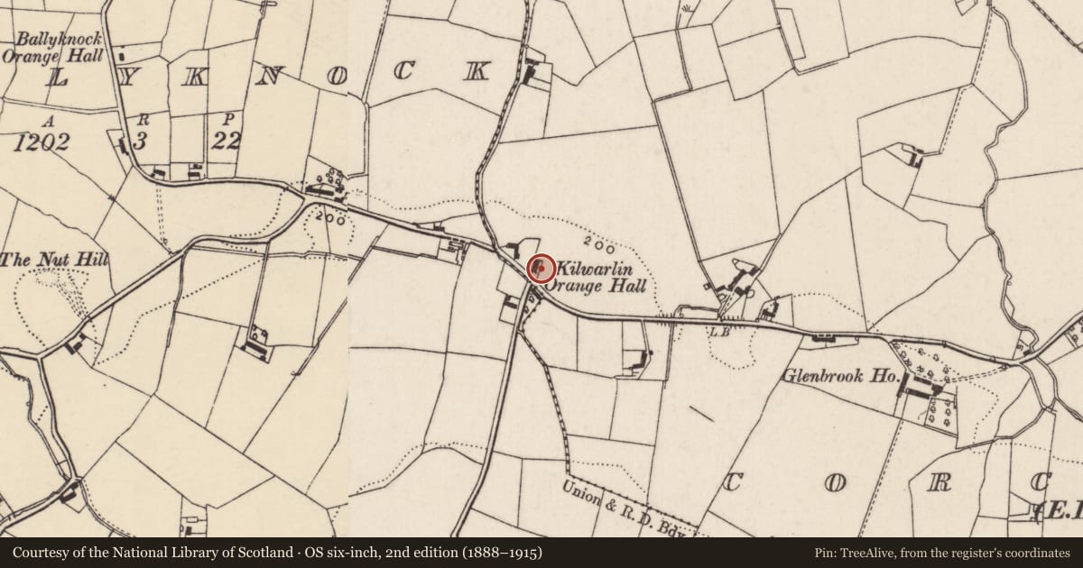 Ordnance Survey six-inch map, 2nd edition (1888–1915) covering the location of Kilwarlin Orange Hall, Lisburn and Castlereagh, with a pin at the register's coordinates
