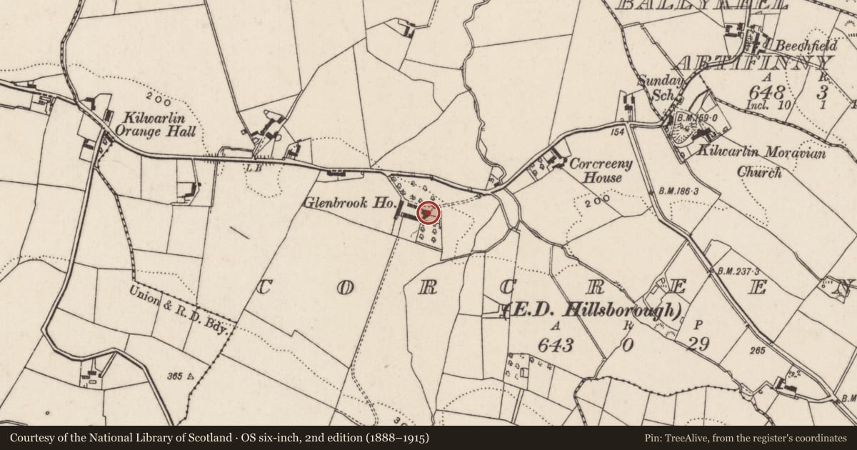 Ordnance Survey six-inch map, 2nd edition (1888–1915) covering the location of Glenbrook House, Lisburn and Castlereagh, with a pin at the register's coordinates