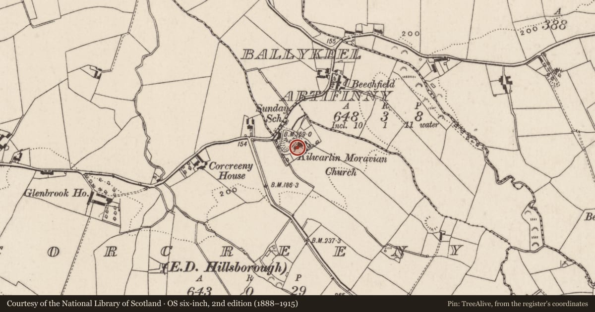 Ordnance Survey six-inch map, 2nd edition (1888–1915) covering the location of Kilwarlin Moravian Church, Corcreeny, Lisburn and Castlereagh, with a pin at the register's coordinates