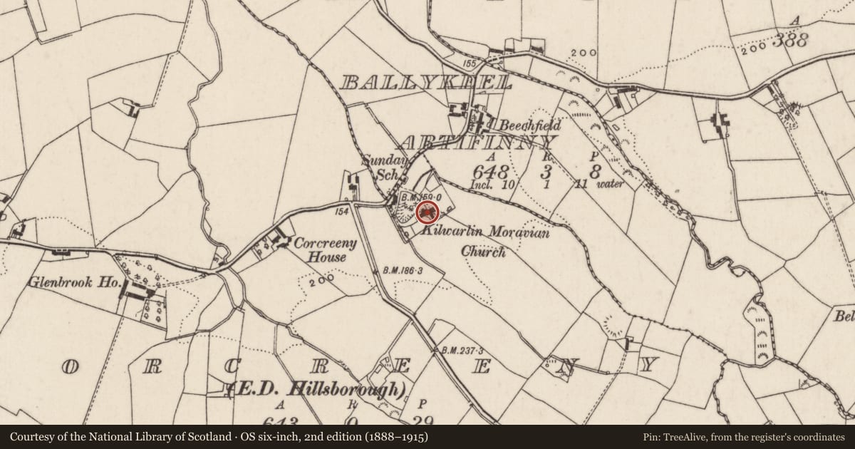 Ordnance Survey six-inch map, 2nd edition (1888–1915) covering the location of Kilwarlin Manse, Corceeny, Lisburn and Castlereagh, with a pin at the register's coordinates