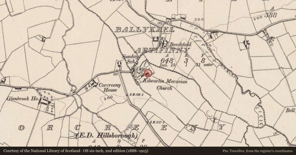 Ordnance Survey six-inch map, 2nd edition (1888–1915) covering the location of Kilwarlin Moravian Hall, Corcreeny, Lisburn and Castlereagh, with a pin at the register's coordinates