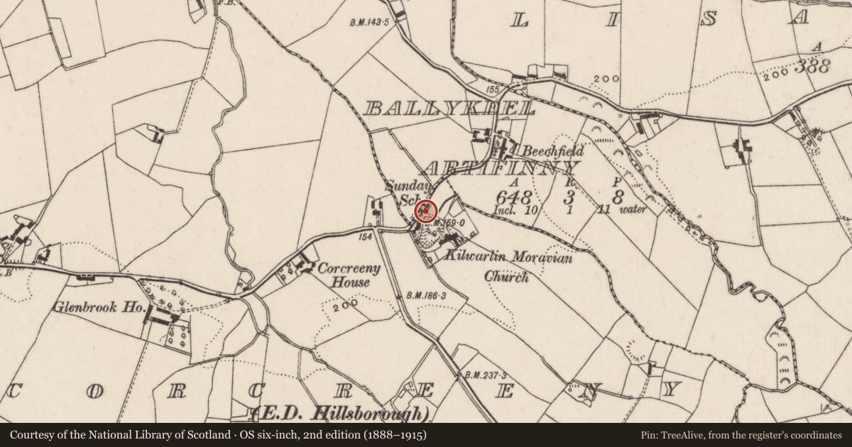 Ordnance Survey six-inch map, 2nd edition (1888–1915) covering the location of Gate Screen, Corcreeny, Lisburn and Castlereagh, with a pin at the register's coordinates
