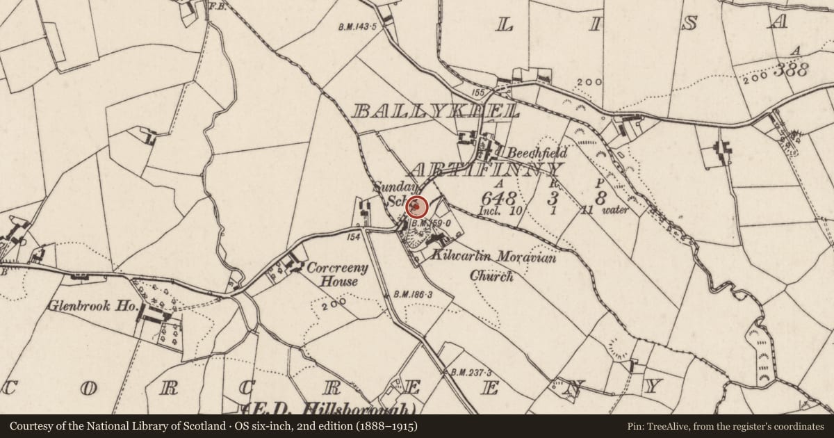 Ordnance Survey six-inch map, 2nd edition (1888–1915) covering the location of Former school house, Lisburn and Castlereagh, with a pin at the register's coordinates