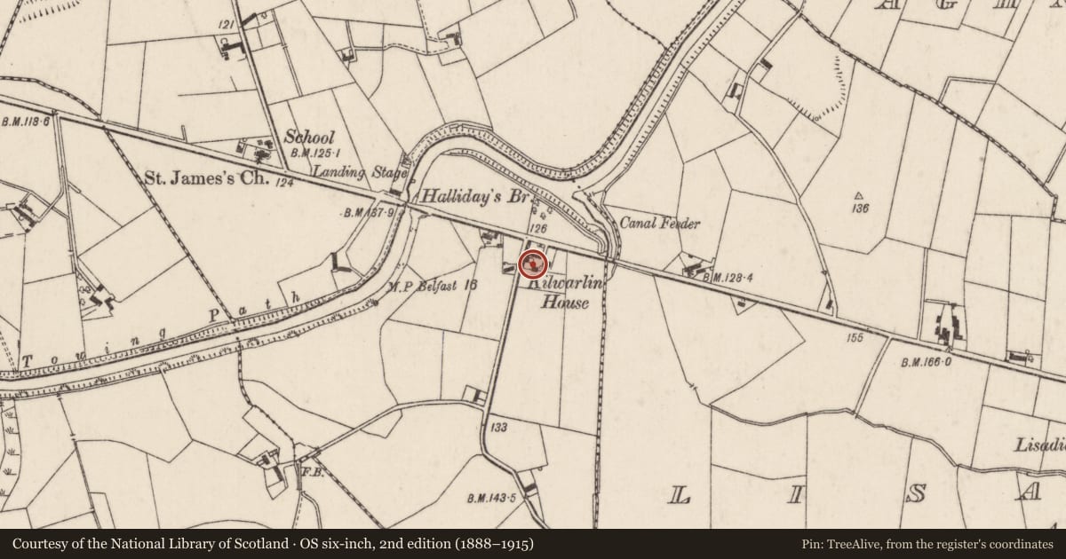 Ordnance Survey six-inch map, 2nd edition (1888–1915) covering the location of Kilwarlin House, Ballykeel, Lisburn and Castlereagh, with a pin at the register's coordinates