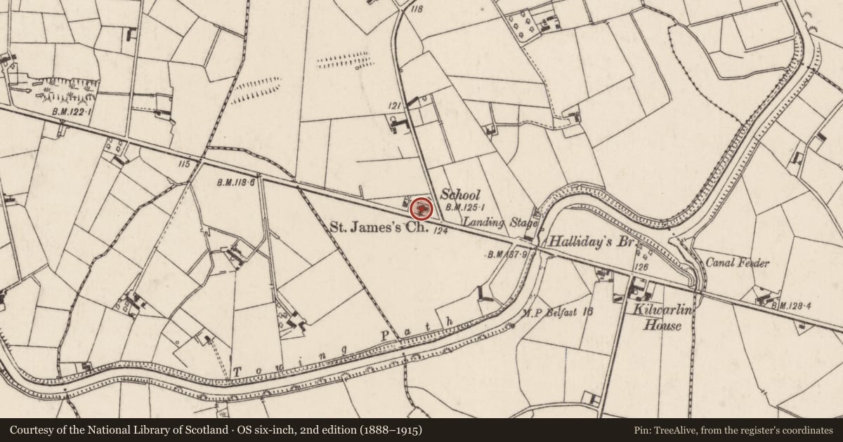 Ordnance Survey six-inch map, 2nd edition (1888–1915) covering the location of St James’ Parish Church of Ireland, Ballykeel Artifinny, Lisburn and Castlereagh, with a pin at the register's coordinates