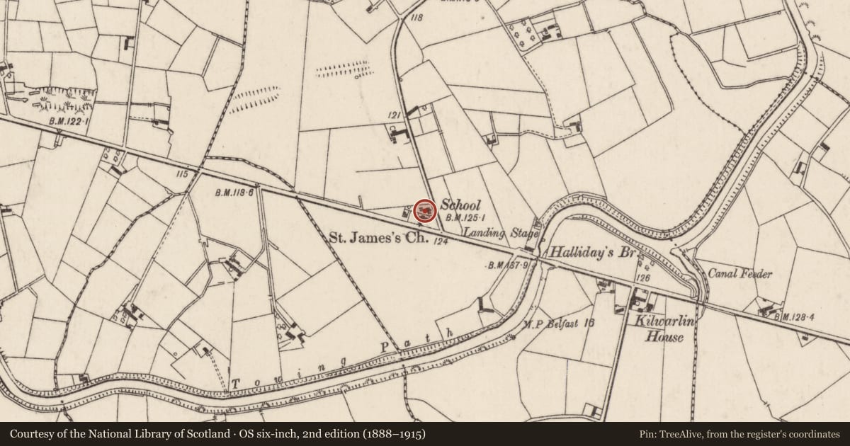 Ordnance Survey six-inch map, 2nd edition (1888–1915) covering the location of St. James' Primary School, Ballykeel Artifinny, Lisburn and Castlereagh, with a pin at the register's coordinates