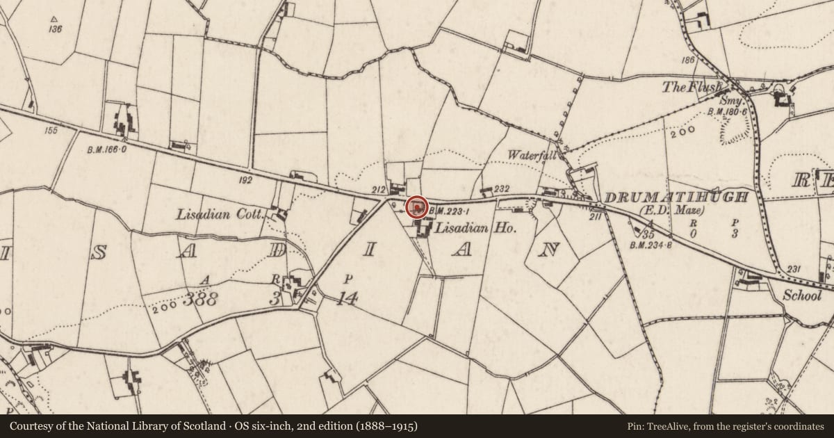 Ordnance Survey six-inch map, 2nd edition (1888–1915) covering the location of Lisadian House, Lisburn and Castlereagh, with a pin at the register's coordinates