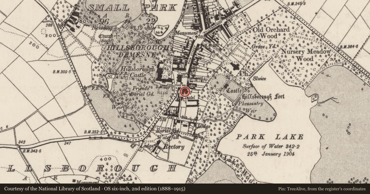 Ordnance Survey six-inch map, 2nd edition (1888–1915) covering the location of The Council Offices, Lisburn and Castlereagh, with a pin at the register's coordinates