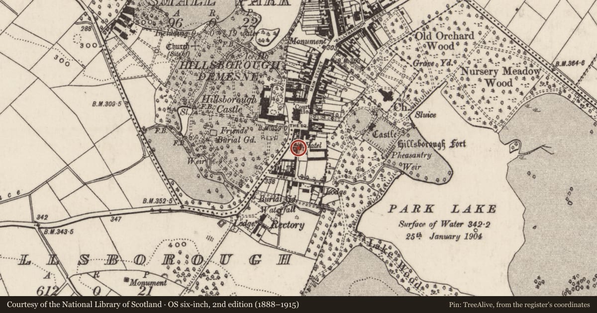 Ordnance Survey six-inch map, 2nd edition (1888–1915) covering the location of 1 Park Lane, Hillsborough, Lisburn and Castlereagh, with a pin at the register's coordinates