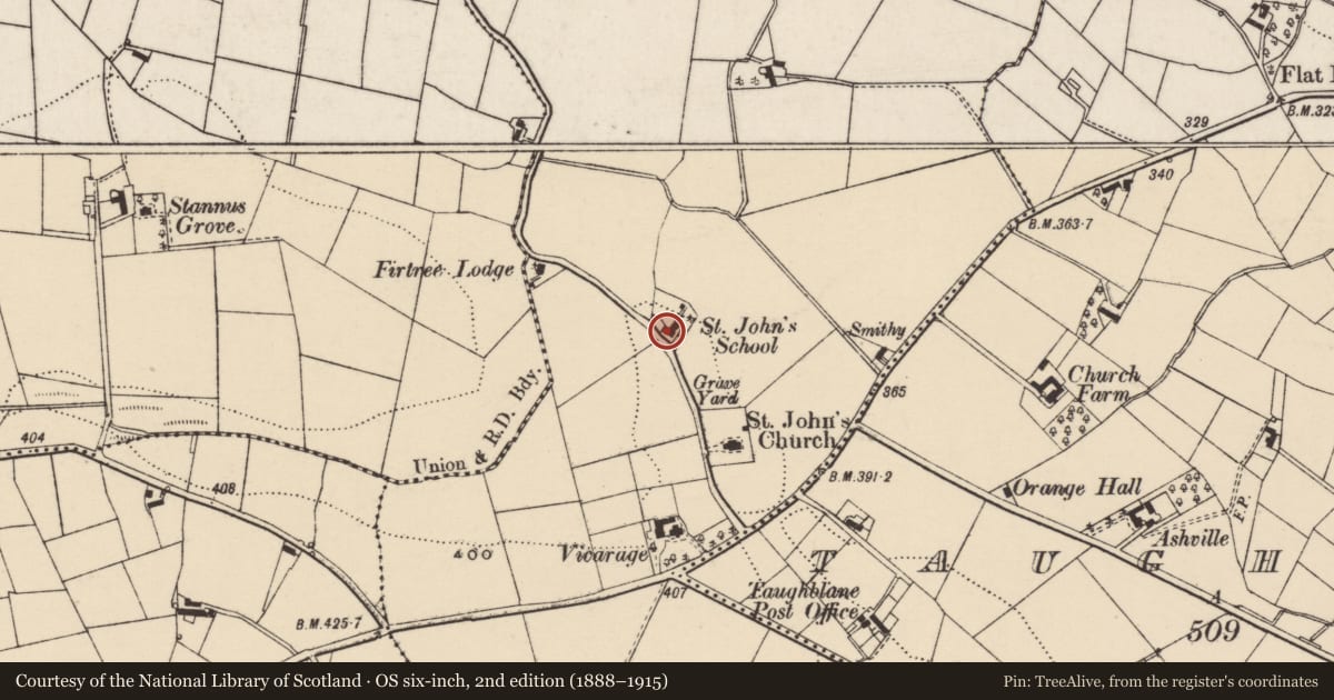 Ordnance Survey six-inch map, 2nd edition (1888–1915) covering the location of Former St John's Primary School, Corcreeny, Lisburn and Castlereagh, with a pin at the register's coordinates