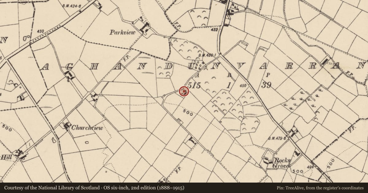Ordnance Survey six-inch map, 2nd edition (1888–1915) covering the location of Farmhouse, Aghandunvarran, Lisburn and Castlereagh, with a pin at the register's coordinates