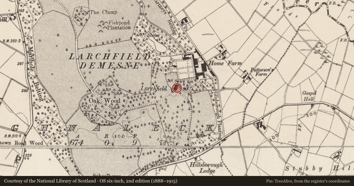 Ordnance Survey six-inch map, 2nd edition (1888–1915) covering the location of Larchfield House, Aghnaleck, Lisburn and Castlereagh, with a pin at the register's coordinates