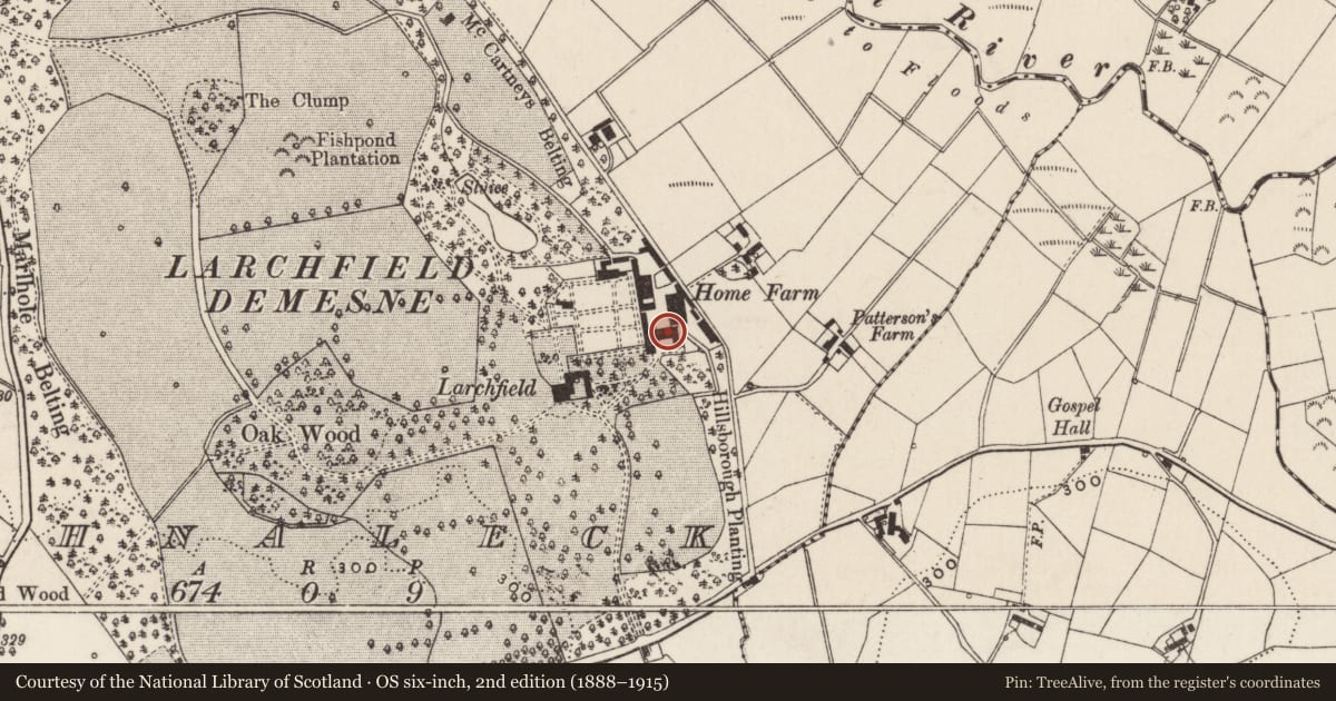 Ordnance Survey six-inch map, 2nd edition (1888–1915) covering the location of Stables and Coach House, Aghnaleck, Lisburn and Castlereagh, with a pin at the register's coordinates