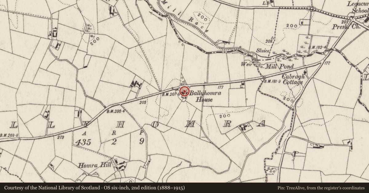 Ordnance Survey six-inch map, 2nd edition (1888–1915) covering the location of Ballyhomra House, Lisburn and Castlereagh, with a pin at the register's coordinates