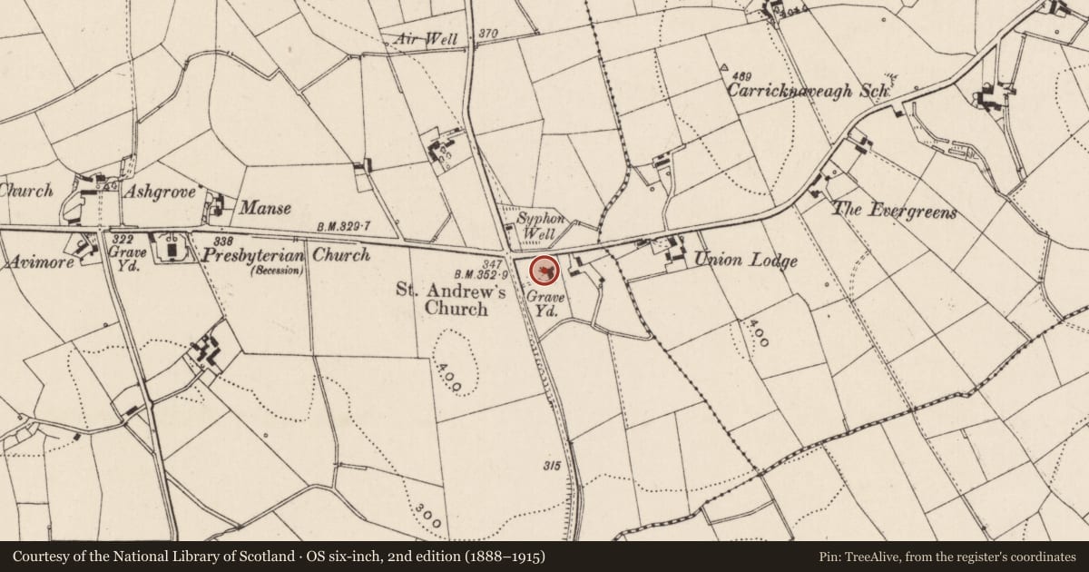Ordnance Survey six-inch map, 2nd edition (1888–1915) covering the location of Saint Andrew's Parish Church of Ireland, Carrickmaddyroe, Lisburn and Castlereagh, with a pin at the register's coordinates