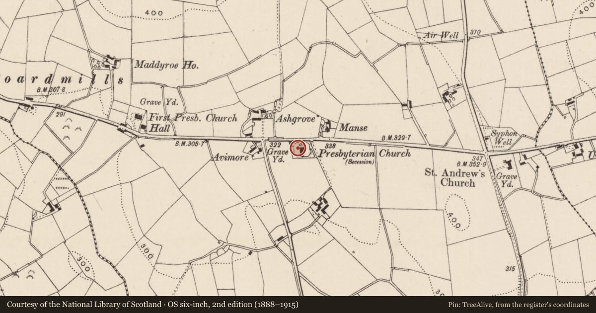 Ordnance Survey six-inch map, 2nd edition (1888–1915) covering the location of Killaney Presbyterian Church, carrickmaddyroe, Lisburn and Castlereagh, with a pin at the register's coordinates