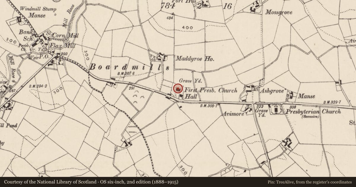 Ordnance Survey six-inch map, 2nd edition (1888–1915) covering the location of Trinity Presbyterian Church, Carrickmaddyroe, Lisburn and Castlereagh, with a pin at the register's coordinates