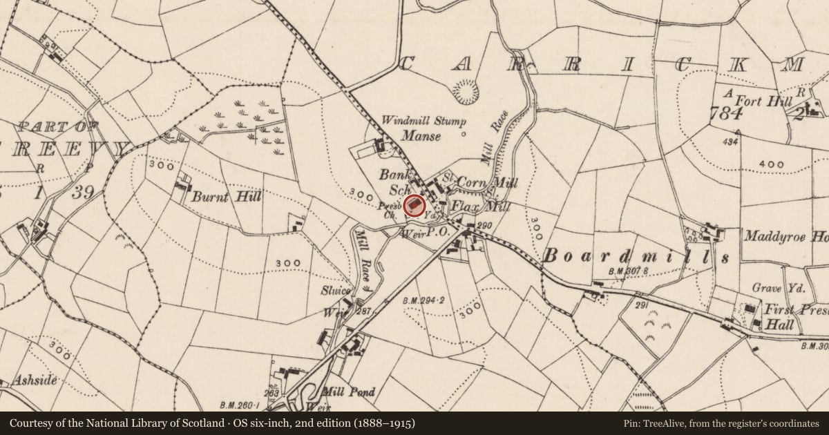 Ordnance Survey six-inch map, 2nd edition (1888–1915) covering the location of Second Boardmills Presbyterian Church, Lisburn and Castlereagh, with a pin at the register's coordinates