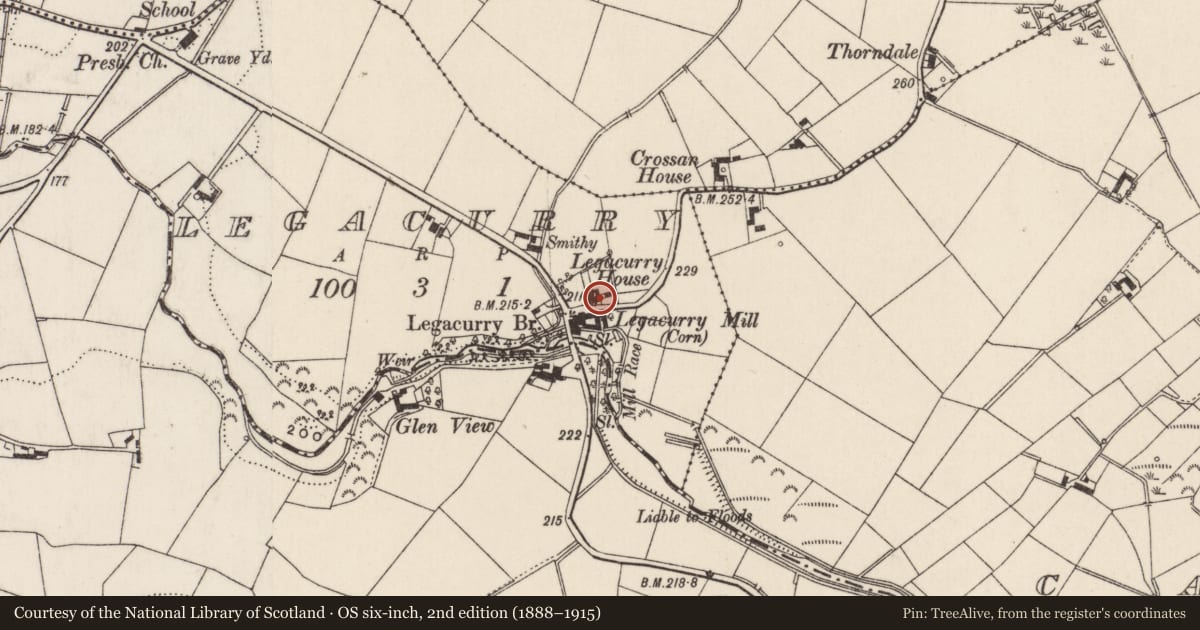 Ordnance Survey six-inch map, 2nd edition (1888–1915) covering the location of Legacurry House, Lisburn and Castlereagh, with a pin at the register's coordinates