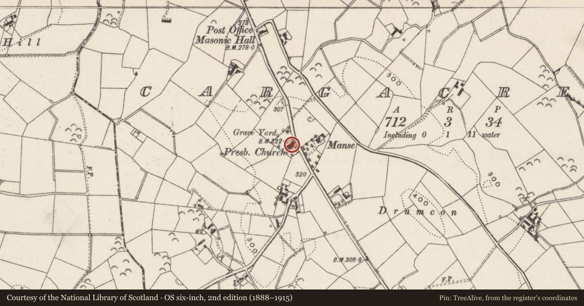 Ordnance Survey six-inch map, 2nd edition (1888–1915) covering the location of Cargycreevy Presbyterian Church, Carrickmaddyroe, Lisburn and Castlereagh, with a pin at the register's coordinates