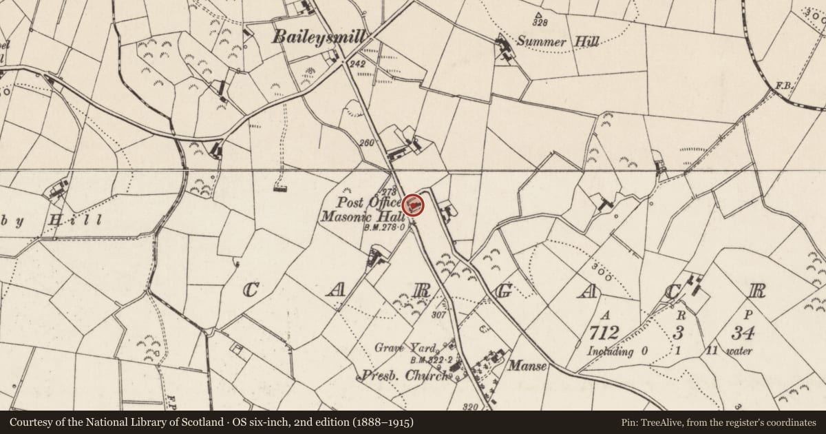 Ordnance Survey six-inch map, 2nd edition (1888–1915) covering the location of Masonic Hall, cargacreevy, Lisburn and Castlereagh, with a pin at the register's coordinates