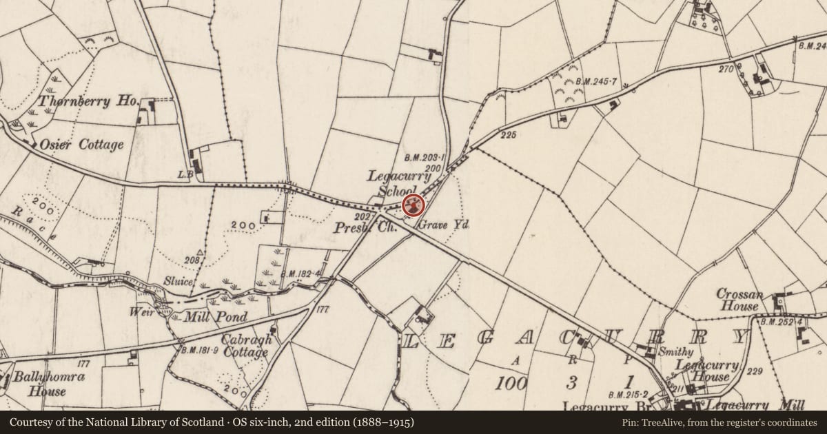 Ordnance Survey six-inch map, 2nd edition (1888–1915) covering the location of Legacurry Presbyterian Church, Lisburn and Castlereagh, with a pin at the register's coordinates