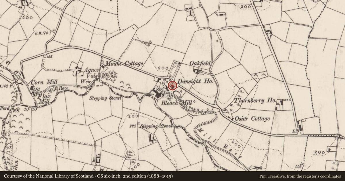 Ordnance Survey six-inch map, 2nd edition (1888–1915) covering the location of Duneight House, Lisburn and Castlereagh, with a pin at the register's coordinates