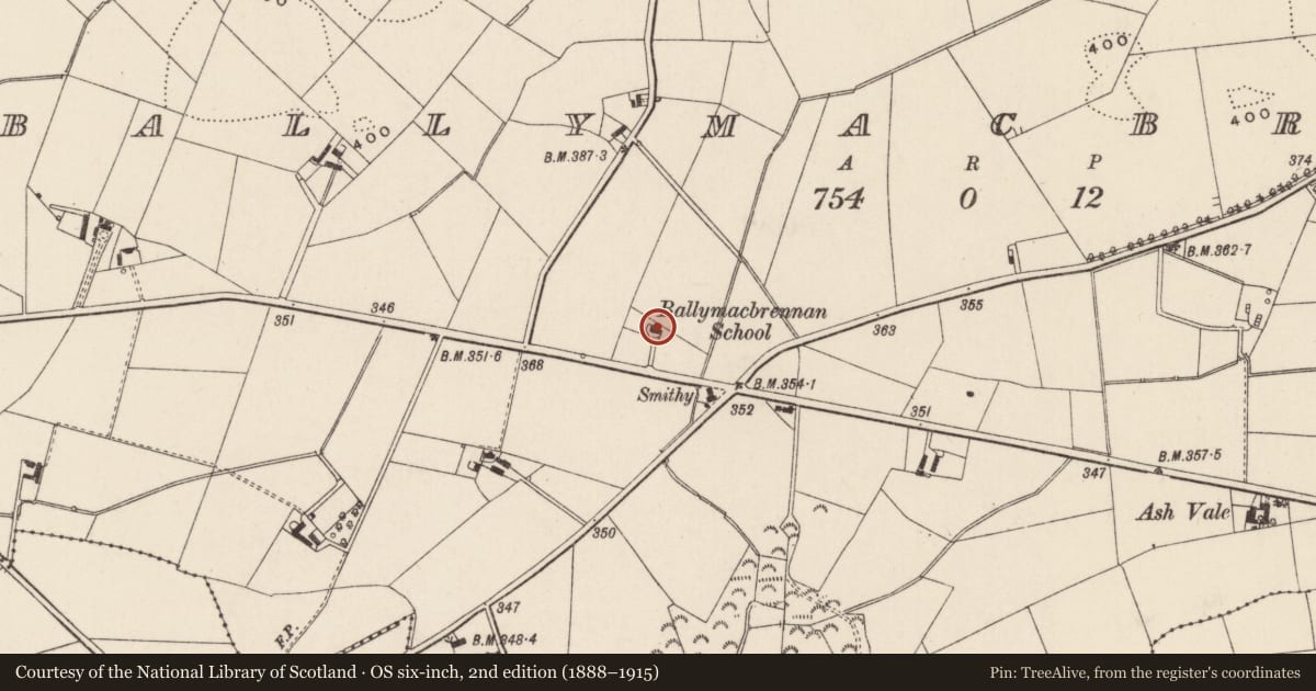 Ordnance Survey six-inch map, 2nd edition (1888–1915) covering the location of Former School House, Ballymacbreenan, Lisburn and Castlereagh, with a pin at the register's coordinates
