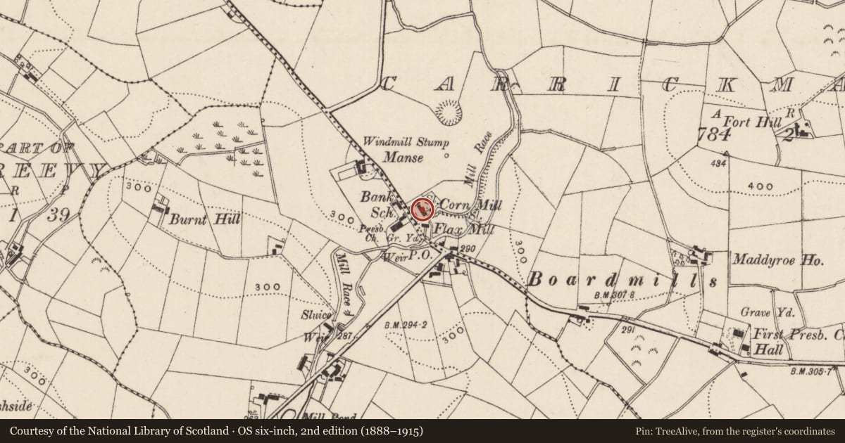 Ordnance Survey six-inch map, 2nd edition (1888–1915) covering the location of 125 Creevy Road, Lisburn and Castlereagh, with a pin at the register's coordinates