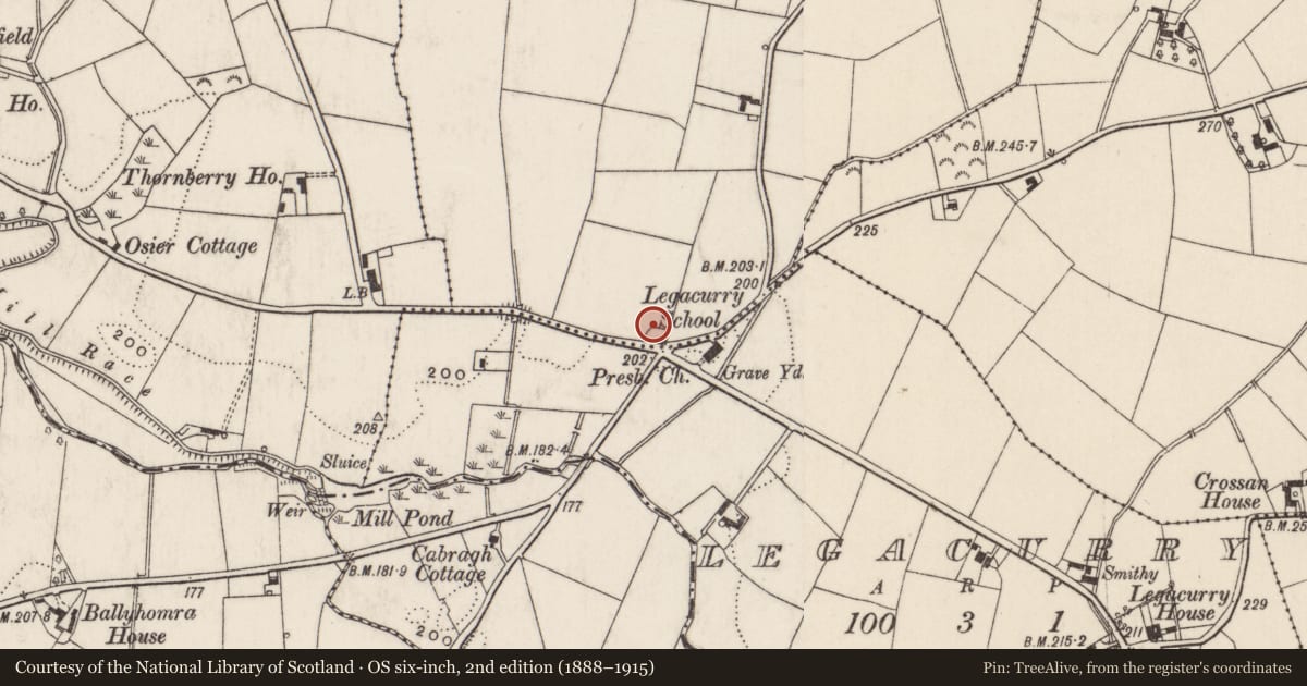 Ordnance Survey six-inch map, 2nd edition (1888–1915) covering the location of Legacurry Primary School, Legacurry/Lisnastrean, Lisburn and Castlereagh, with a pin at the register's coordinates