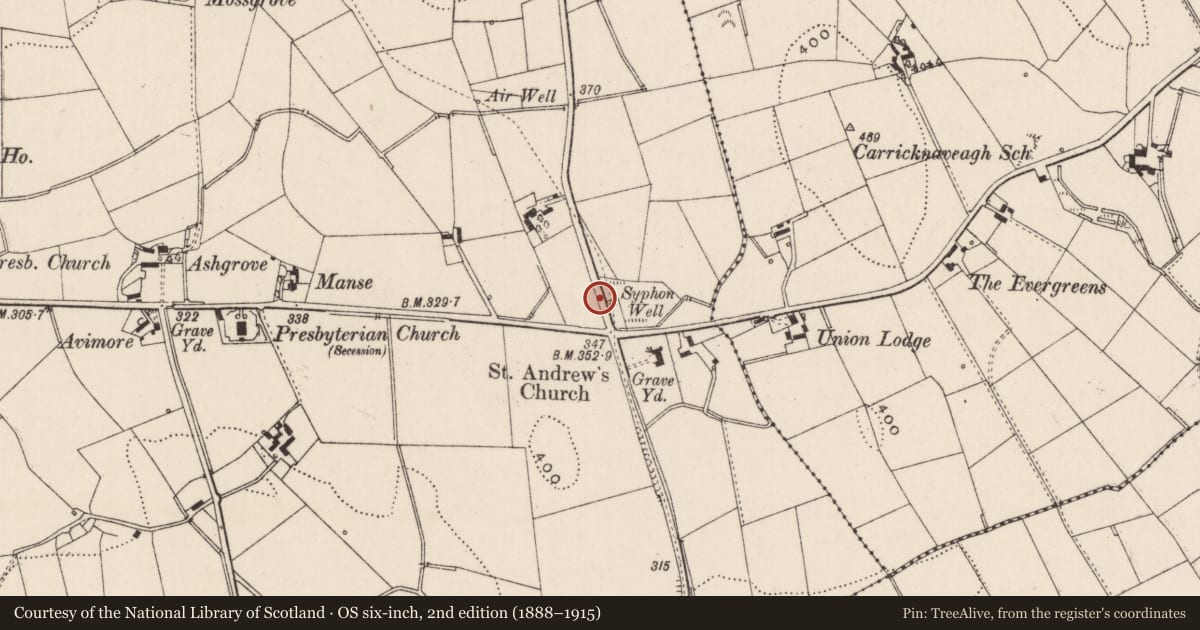 Ordnance Survey six-inch map, 2nd edition (1888–1915) covering the location of St Andrew's Well, Carrickmaddyroe, Lisburn and Castlereagh, with a pin at the register's coordinates