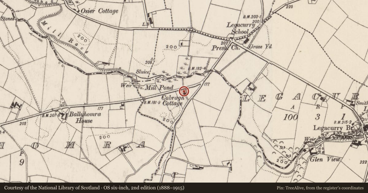 Ordnance Survey six-inch map, 2nd edition (1888–1915) covering the location of 150 Comber Road, Cabragh, Lisburn and Castlereagh, with a pin at the register's coordinates