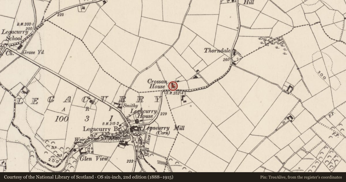Ordnance Survey six-inch map, 2nd edition (1888–1915) covering the location of Crossan House, Cargacroy/Legacurry/Crossan, Lisburn and Castlereagh, with a pin at the register's coordinates
