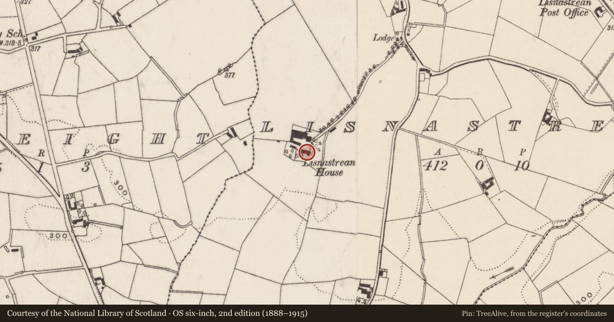 Ordnance Survey six-inch map, 2nd edition (1888–1915) covering the location of Lisnastream House, Lisburn and Castlereagh, with a pin at the register's coordinates
