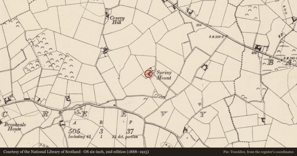 Ordnance Survey six-inch map, 2nd edition (1888–1915) covering the location of Spring Mount, Creevy, Lisburn and Castlereagh, with a pin at the register's coordinates