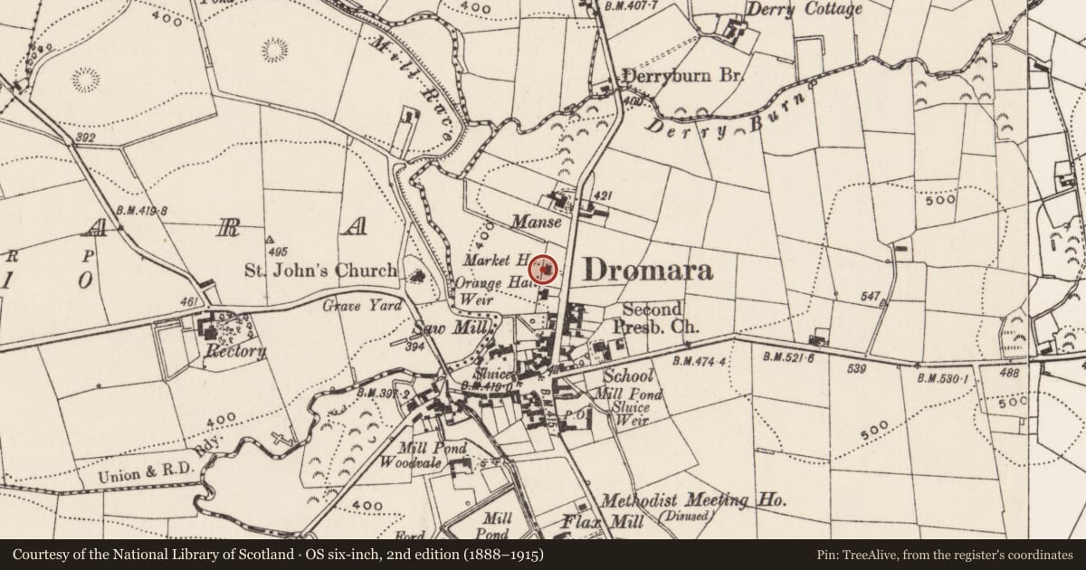 Ordnance Survey six-inch map, 2nd edition (1888–1915) covering the location of Dromara Masonic Hall, Begny, Lisburn and Castlereagh, with a pin at the register's coordinates
