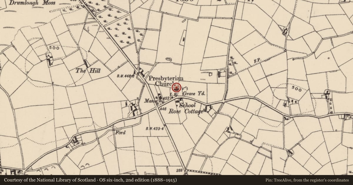 Ordnance Survey six-inch map, 2nd edition (1888–1915) covering the location of Drumlough Presbyterian Manse, Lisburn and Castlereagh, with a pin at the register's coordinates